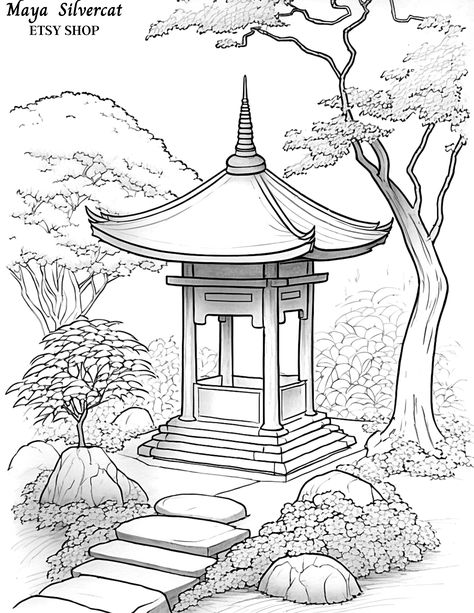 Chinese Castle Art, Shrine Drawing, Chinese Coloring Pages, Japanese Coloring Pages, Landscape Coloring Pages, Digital Coloring Pages, Japanese Shrine, Coloring Page For Adults, Japan Landscape