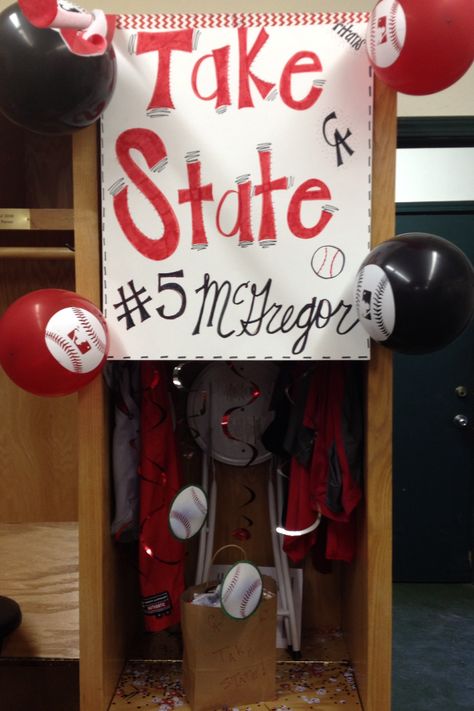 Baseball.. Decorated locker for 2013 State Tournament State Tournament Ideas, State Baseball Poster Ideas, State Baseball Ideas, Baseball Locker Decorations, Football Locker Room Decorations, Decorated Locker, Sports Locker Decorations, Senior Boards, Football Locker Room