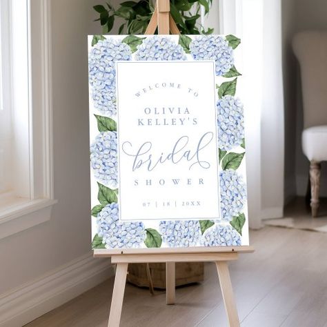 $44.20 | Blue Hydrangea Flowers Bridal Shower Welome #blue hydrangea, blue, flowers, floral, preppy, hydrangea, wedding, bridal shower, floral border, watercolor flowers Blue And White Bridal Shower Table Decor, Bridal Shower Ideas Something Blue, Hydrangea Bridal Shower Ideas, Bridal Shower Something Blue, Bridesmaid Breakfast, Dusty Blue Bridal Shower Ideas, Flower Bridal Shower Theme, Bridal Shower Decorations Ideas, Blue Bridal Shower Ideas