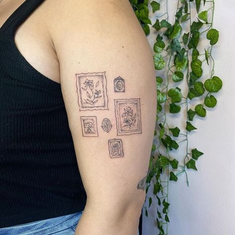 Hip Patchwork Tattoo, Classy Tattoo Sleeve, Wrapping Tattoo Ideas, Tattoos For Roommates, 1 By 1 Tattoo, Fine Line Frame Tattoo, Picture Frame Tattoo Sleeve, Gramma Tattoo Ideas, Photo Frame Tattoo Design