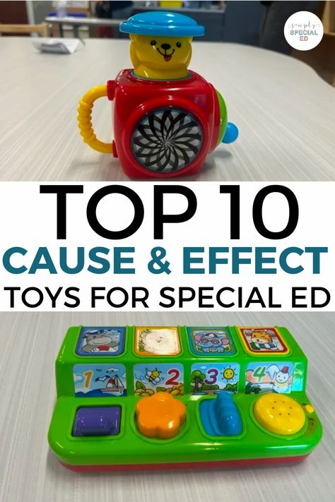 Are you looking to add some cause and effect toys to your early childhood special education classroom? Today, I’m sharing the 10 best cause and effect toys. Early childhood students will love playing pop up toys, pound a ball toy, learn and spin, and many more. Cause and effect toys for preschool kids will enjoy Pop the Weasel, sort and discover toys, and light up spinning wands. Check out the variety of toys for your children or special education students! Preschool Cause And Effect Activities, Adaptive Toys For Special Needs, Diy Cause And Effect Toys, Put In Activities, Early Childhood Special Education Room, Learning Resources Toys, Cause And Effect Activities For Toddlers, Cause And Effect Toys, Classroom Toys