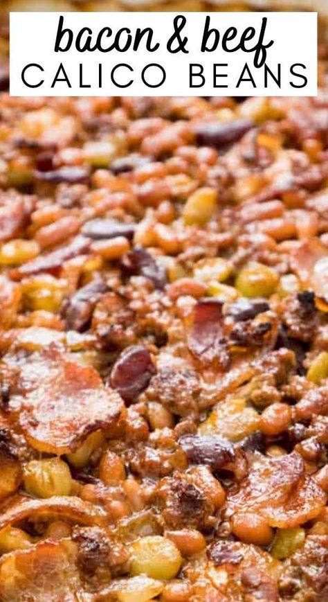 Looking for an amazing Baked Beans recipe? Look no further, once you taste this recipe for Baked Calico Beans, loaded with 3 kinds of beans, beef, and bacon, you’ll know why everyone called them the BEST baked beans! #bakedbeans #calicobeans Healthy Calico Beans Recipe, Bacon Beans Recipe, Seven Bean Casserole, Ground Beef And Baked Beans Recipes, Loaded Baked Beans Recipe, Baked Beans Hamburger Recipe, Seven Bean Baked Beans, Crockpot Calico Beans Recipe, Calico Bean Casserole