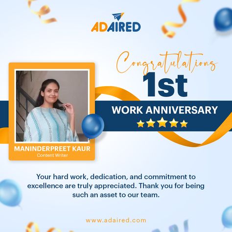 Congratulations Maninderpreet Kaur on completing 1 year with us! Your professionalism and expertise have made a huge impact on our company, and we're fortunate to have you on board. Cheers to another work anniversary! 🥳✨ #workanniversary #workanniversarycelebration #employeeengagement #employeeappreciation #contentwriter #workculture #adaired One Year Business Anniversary Post, Employee Work Anniversary Post, 1 Year Business Anniversary Social Media, Work Anniversary Ideas For Employees, Congratulatory Poster, Work Anniversary Post, 1 Year Work Anniversary, Dermatology Doctor, Bday Story