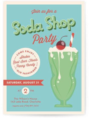 Soda Shop Party Children's Birthday Party Invitations Soda Shop Party, Soda Fountain Party, Ice Cream Parlor Party, Kids Party Invitations, Combined Birthday Parties, Unique Birthday Party, Soda Bar, Wedding Invitations Modern, Soda Shop