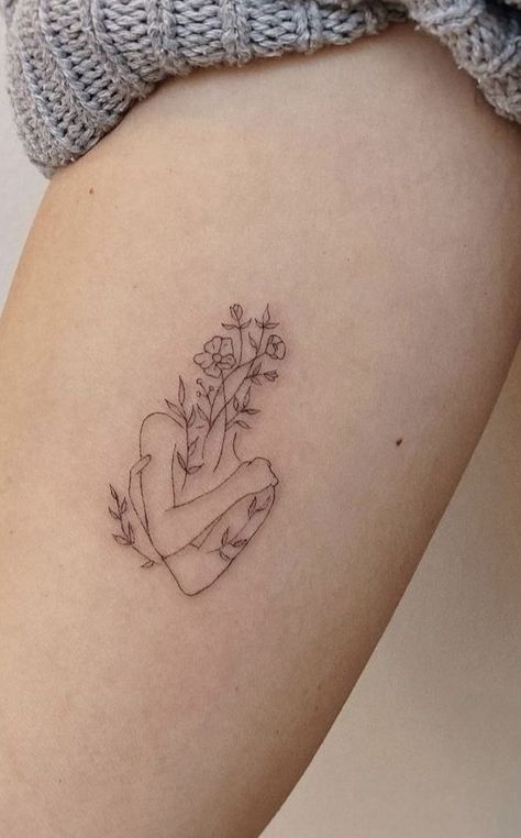 Face Outline Tattoo With Flowers, Body With Flowers Tattoo, Lady Body Tattoo, Head Flowers Tattoo, Self Esteem Tattoo, Growing Flower Tattoo, Woman Flower Tattoo, Flower Woman Tattoo, Overcoming Tattoo Ideas