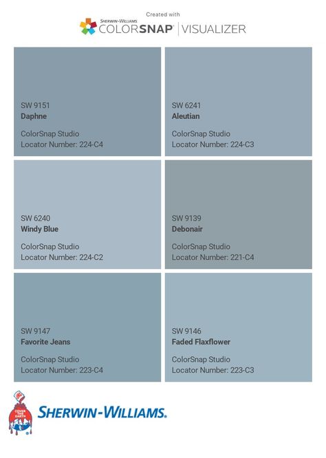 I just created this color palette with the Sherwin-Williams ColorSnap® Visualizer app on my Android phone. What do you think? You can learn more about ColorSnap Visualizer and get it on your phone free by visiting http://getcolorsnap.com. Sherwin Williams Paint Blue, Favorite Jeans Sherwin Williams, Sherwin Williams Favorite Jeans, Dockside Blue Sherwin Williams, Debonair Sherwin Williams, Dusty Blue Paint, Sherwin Williams Blue, Outside House Colors, 2024 Bedroom