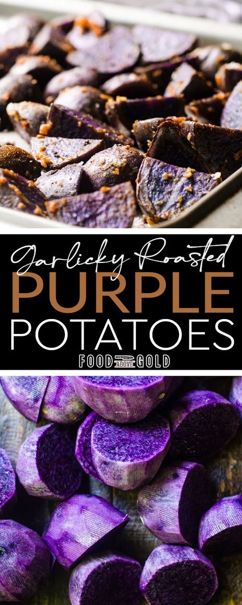 These garlicky roasted purple potatoes are the perfect gluten free side dish. Serve them with breakfast or dinner to complete a meal! This garlicky roasted purple potatoes recipe is so simple to make. Just toss them with the paprika, garlic, salt in pepper in a large bowl and bake on a baking sheet 25 minutes. Then you have an excellent and colorful side dish. | @foodabovegold How To Cook Purple Potatoes, Purple Potato Recipe, Purple Potatoes Recipe, Roasted Purple Potatoes, Purple Potato Recipes, Lavender Latte Recipe, Gluten Free Side Dish, Gluten Free Side, Food For Kidney Health