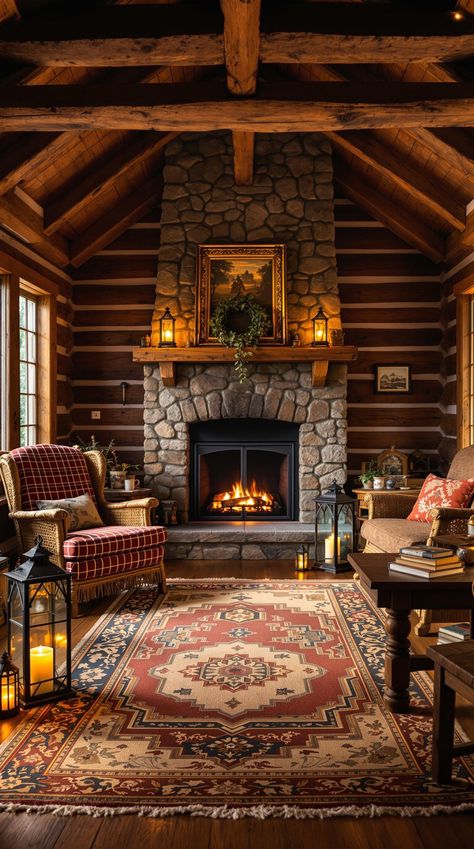 Small Cabin Interior Ideas Cabin Interiors Cozy Living Room, Log Cabin Home Decor Ideas, Cozy Cabin In The Woods Interiors, Warm House Aesthetic, Cozy Small Cabin, Small Cabin Interior Ideas, Cabin Core Aesthetic, Cabin Interiors Cozy, Old Cabin Interior