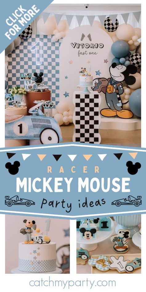 Check out this fun Mickey Racer 1st birthday party!  The cupcakes are fantastic! See more party ideas and share yours at CatchMyParty.com Mickey One Year Birthday, New Year 1st Birthday Party, Mickey Mouse Theme 1st Birthday, Mickey Mouse Racers Birthday Cake, Mickey Mouse Race Car Party, Mickey Mouse Party Ideas 1st Birthday, Mickey Party Ideas, Birthday Mickey Mouse, 2nd Birthday Boy Themes Mickey Mouse