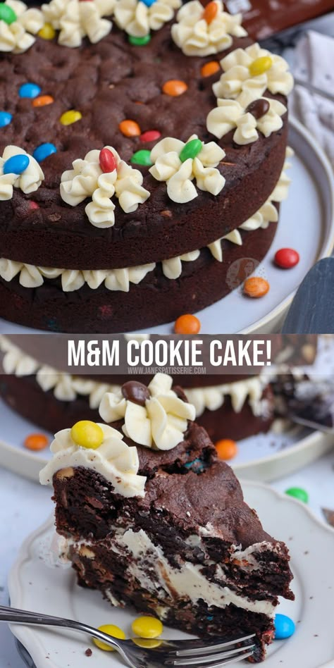 Cookie Layer Cake Recipe, Stuffed Cookie Cake, M M Cake Birthday, M&m Cookie Cake, Cookie Cake Ideas Birthday, Giant Cookie Decoration Ideas, Summer Cookie Cake, Big Cookie Cake, Birthday Cookie Cake Designs