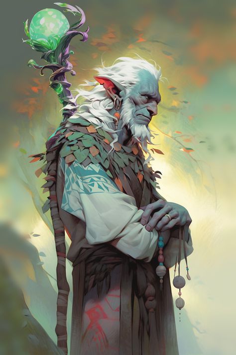 Old Firbolg, Firbolg Wizard, Fey Character Design, Druid Firbolg, Druid Fantasy Art, Dnd Druid Art, Firbolg Character Design, Firbolg Male, Goblin Druid