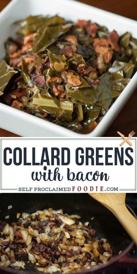 Collard Greens And Bacon Recipe, Southern Collard Greens With Bacon, Collard Greens Recipe Southern Bacon, Turnip Greens Recipe Southern With Bacon, Bacon Collard Greens Recipe, Black Southern Recipes, Collard Greens Recipe Southern Crockpot, Collard Greens Recipe With Bacon, Busicut Recipes