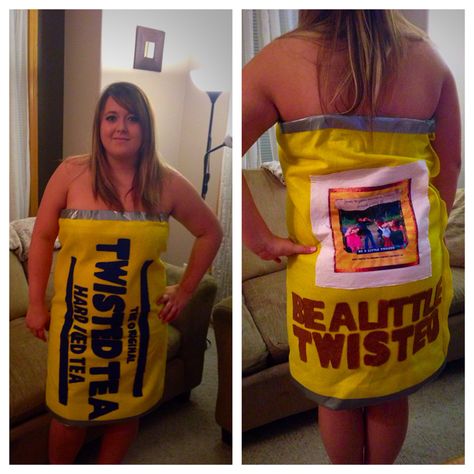 For those Twisted Tea lovers like myself: my Twisted Tea costume from Halloween! What I used: blue and yellow felt, letter stencils, hot glue gun, velcro (along the side where edges met), folded the top and bottom over an elastic then duct taped it to hold the fold and give it that "can" look, I got the picture printed on a white t-shirt at a t-shirt print shop as well for an added touch! I love how it turned out! Twisted Tea Costume, Twisted Tea Halloween Costume, Tea Halloween Costume, 3 People Costume Ideas, Tea Costume, 3 People Costumes, Twisted Tea, Halloween Express, Party Inspo