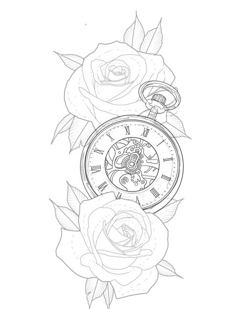 Roses And Pocket Watch Tattoo Design, Rose And Clock Tattoo Stencil, Clock Rose Tattoo Stencil, Rose And Clock Tattoo Design, Roses And Clock Tattoo Design, Rose Clock Tattoo Design, Pocket Watch Outline, Watch Tattoo Stencil, Clock Rose Tattoo Design