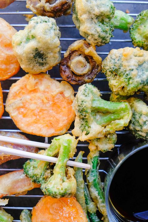 Eggplant Tempura Recipe, Tempura Broccoli Recipe, Tempura Veggies Air Fryer, Air Fryer Tempura Vegetables, Vegetable Tempura Recipe, Carrot Tempura, Tempura Eggplant, Broccoli Tempura, Tempura Sweet Potato