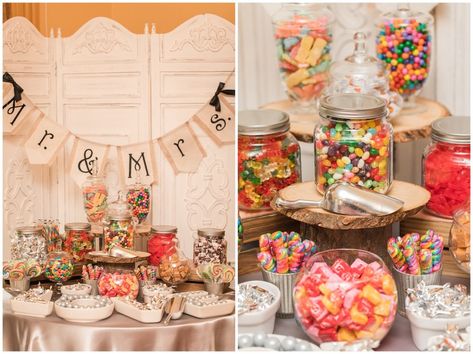 Candy Centerpiece Ideas Wedding, Wedding Display Table, Buffet Bar Ideas, Candy Table Wedding, Rainbow Candy Buffet, Candy Buffet Bar, Wedding Candy Table, Candy Centerpiece, Wedding Candy Buffet