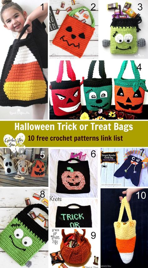 Halloween Trick or Treat Bags - 10 free crochet patterns link list Crochet Halloween Treat Bag Patterns Free, Crochet Halloween Bag Pattern, Crochet Trick Or Treat Bag, Crochet Halloween Bags Trick Or Treat, Trick Or Treat Bag Pattern, Halloween Trick Or Treat Bags, Free Form Crochet, Minion Crochet Patterns, Patterns Halloween