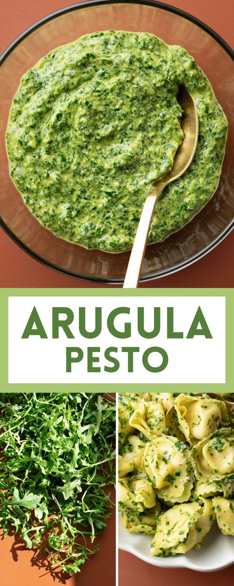 arugula pesto bowl and arugula pesto on cheese tortellini Arugula Pesto Recipe, Crusty French Bread, Cheesy Tortellini, Arugula Pesto, Spice Mix Recipes, Creamy Pesto, Pasta Sauce Recipes, Pesto Recipe, Avocado Recipes