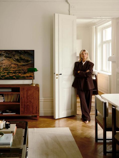 Inside Matilda Djerf’s Elegant Yet Unpretentious Stockholm Apartment | British Vogue Matilda Djerf Apartment, Matilda Djerf Home, Stockholm Apartment, Bear Chair, Bankers Lamp, Matilda Djerf, Swedish Design, Scandi Style, Main Bedroom