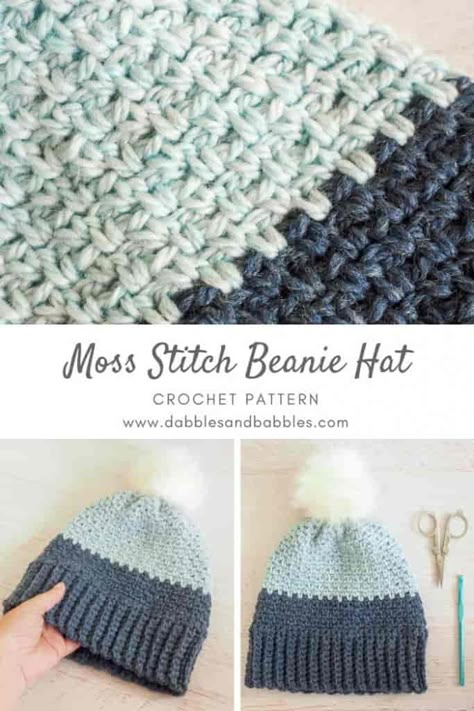 Moss Stitch Crochet Pattern, Moss Stitch Beanie, Moss Stitch Crochet, Beanie Hat Crochet Pattern, Stitch Crochet Pattern, Beanie Hat Crochet, Crochet Flower Hat, Crochet Hat For Beginners, Easy Crochet Hat