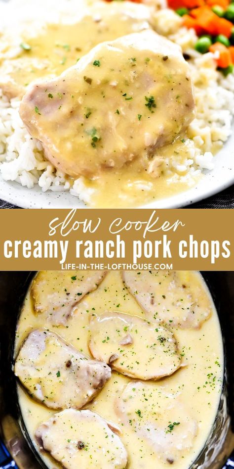 Slow Cooker Creamy Ranch Pork Chops is another slow cooker meal that is easy and delicious. This comforting dinner recipe will have everyone asking for seconds! Easy Crock Pot Recipe, Crockpot Recipes While At Work, Quick Dinner Ideas Crockpot, Easy Dinner Recipes For Four, New Supper Ideas Families, Crockpot Creamy Pork Chops, Pork Chop Crock Pot Meals, Pork Chop And Stuffing Recipes Crock Pot, Pork Recipes In Crockpot