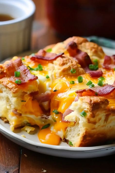 Warm Bacon Egg and Cheese Biscuit Bake ready to enjoy. Egg And Cheese Biscuit, Breakfast Casserole With Biscuits, Easy Breakfast Casserole, Cheese Biscuit, Bacon Egg Cheese, Biscuits Casserole, Cheesy Biscuit, Bake Easy, Work Food