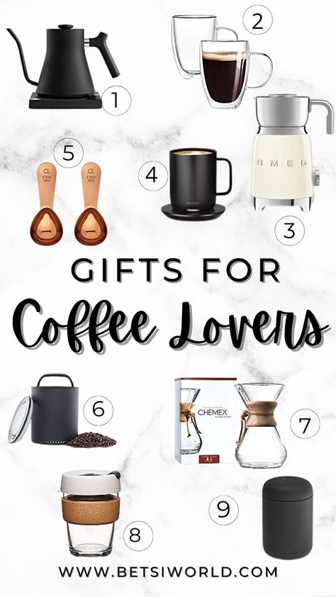 coffee gadgets on a white marble background featuring coffee mugs, coffee makers, spoons, to go mugs, milk frothers with numbers in circles next to them. There are the words gifts for coffee lovers in black font with the url www.betsiworld.com at the bottom in black Gifts For Coffee Lovers Guys, Coffee Gift Basket Ideas, Coffee Lover Gift Ideas, Gift Ideas For Coffee Lovers, Coffee Gadgets, Beverage Stations, Coffee Lover Gifts Basket, Bar Gadgets, Gift Guide Christmas