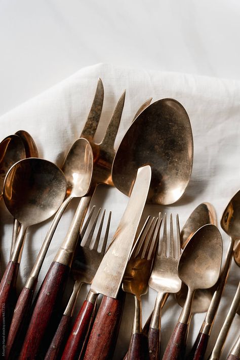 Bronze Silverware, Bronze Cutlery, Cutlery Photography, Brass Silverware, House Trinkets, Rustic Cutlery, Wood Silverware, Copper Silverware, Restaurant Cutlery