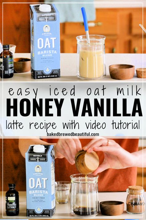 iced latte with oat milk and honey and vanilla Iced Coffee With Oatmilk Recipe, Coffee With Oat Milk Recipe, Oat Milk Drink Recipes, Oatmilk Creamer Recipe, Oat Milk Coffee Recipe, Oatmilk Latte Recipe, Honey Vanilla Latte, Iced Vanilla Latte Recipe, Vanilla Latte Recipe