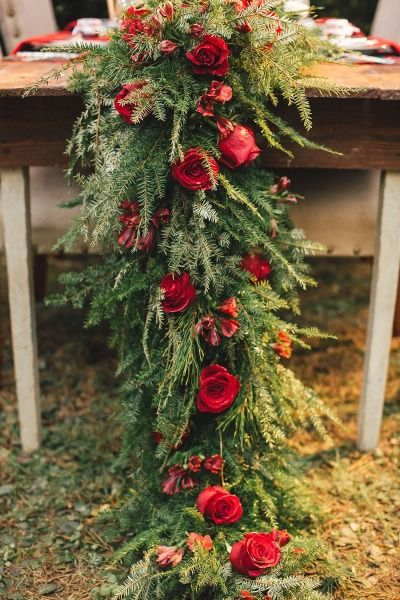 Pine and red rose garland: http://www.stylemepretty.com/2013/12/20/bluebird-christmas-tree-farm-inspiration-shoot/ | Photography: JoPhoto - http://www.jophotoonline.com/ Wedding Table Garland, Winter Wedding Table, Christmas Wedding Ideas, Winter Wedding Decorations, Christmas Weddings, Floral Table Runner, December Wedding, Winter Wedding Ideas, Table Runners Wedding