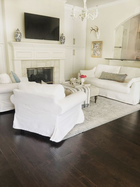 Ektorp Chair, Slipcovered Sofa Living Room, White Living Room Chairs, Dark Wood Floors Living Room, Ikea Bedroom Furniture, Sofa Ikea, Chair Ikea, Living Room Wood Floor, White Wood Floors