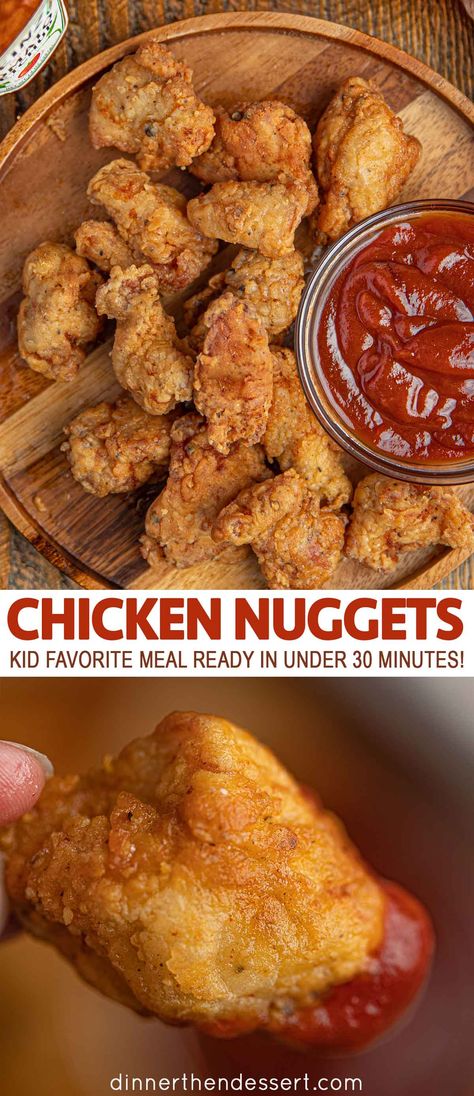 Chicken Nuggets are a classic kid favorite meal you can EASILY make at home with just a few ingredients in under 30 minutes baked or fried! #chicken #nuggets #chickennuggets #dinner #kiddinner #homemadechickennuggets #dinnerthendessert Using Chicken Nuggets In Recipes, Homemade Chicken Nuggets Ground Chicken, Kid Favorite Dinners, Homemade Chicken Nuggets With Canned Chicken, Diy Chicken Nuggets Baked, Can Chicken Chicken Nuggets, Fried Chicken Nuggets, Crispy Sweet Potato Fries, Baked Chicken Nuggets