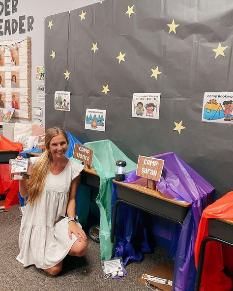 Camping Room Transformation, Camp Classroom Transformation, Family Reading Night Camping Theme, Family Literacy Night Camping Theme, Camp Read A Lot, Camping Transformation Classroom, Camping Themed Reading Activities, 2nd Grade Room Transformation, Classroom Transformation Ideas