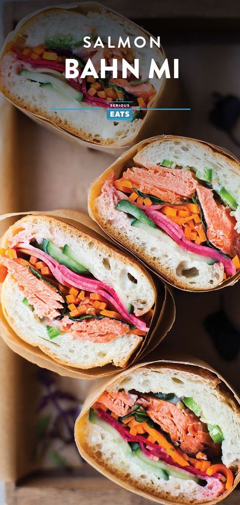 Salmon Bahn Mi, Bahn Mi, Salmon Sandwich, Khmer Food, Marinated Salmon, Lunch Inspiration, Fish Sandwich, Veggie Sandwich, Banh Mi