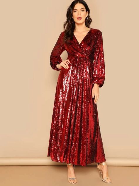 Blouson Sleeve Surplice Sequin Maxi Dress | SHEIN USA Dress Couture, Blouson Sleeve, Sequin Maxi Dress, Sequin Maxi, Sequin Party Dress, Bishop Sleeve, Neck Wrap, Lantern Sleeve, Dress Party