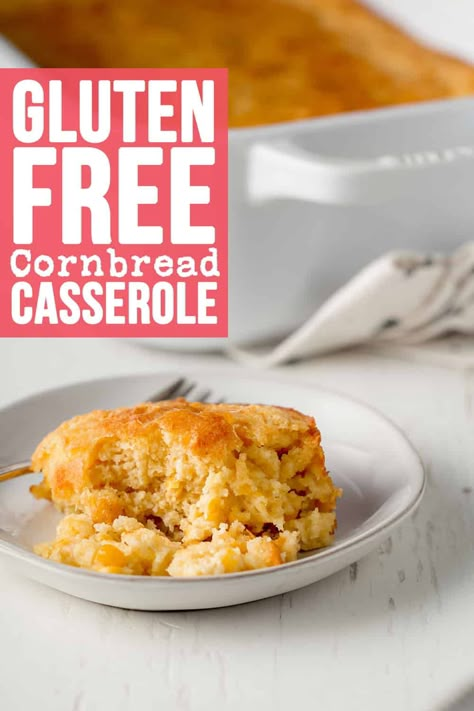 This easy to make gluten-free cornbread casserole, also known as corn casserole or spoonbread, is the perfect sweet and savory side dish for your next Thanksgiving meal or potluck! Made from scratch without cornbread mix! Everyone loves this creamy cornbread dish filled with creamed corn and corn kernels. Dairy-free, egg-free, and vegan substitutions included. Gluten Free Spoon Bread, Gluten Free Corn Casserole Recipe, Gluten Free Corn Casserole, Creamy Cornbread, Cornbread Dishes, Creamy Corn Bread, Gf Sides, Gf Dinners, Salty Side Dish