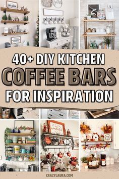 Farmhouse Kitchen Coffee Station, Coffee Bar Signs Diy Farmhouse, Ideas For A Coffee Bar, Diy Coffee Bar Sign, Decorating A Coffee Bar, Coffee Bar Corner Ideas, Small Coffee Bar Ideas Counter Space, Hutch Coffee Bar Ideas, Coffee And Bar Station