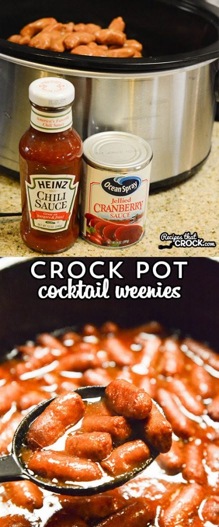 These Crock Pot Cocktail Weenies are a simple dish to throw together for a party. Three ingredients and your slow cooker does all the work for you! Cocktail Weenies, Quick Crockpot Meals, Crockpot Foods, Cocktail Sausages, Tailgate Parties, Crock Pot Food, Pot Food, Crockpot Dinners, Pot Luck