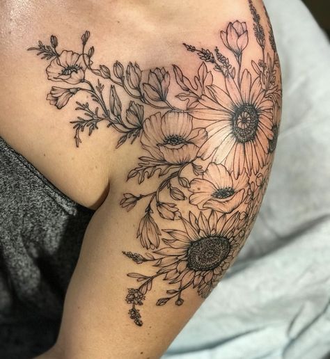 Sunflower Cap Sleeve Tattoo, Sunflower Quarter Sleeve Tattoo, Wildflowers Shoulder Tattoo, Wildflower Sunflower Tattoo, Sunflower And Daisy Tattoo Sleeve, Floral Tattoo Shoulder Color, Wildflower Shoulder Cap Tattoo, Wildflower Shoulder Tattoos For Women, Sunflower Tattoo Shoulder Blade