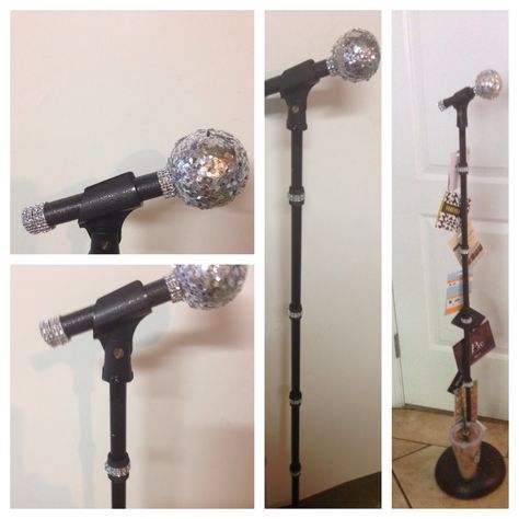 Microphone prop to hold gift cards for 21 year old birthday.  Base is an old lamp stand. Microphone is from styrofoam ball, glitter and cardboard tube spray painted. How To Make A Microphone Prop, Microphone Prop, Diy Microphone, 1920s Fashion Women, 50th Birthday Decorations, Lamp Stand, Old Lamps, Styrofoam Ball, 65th Birthday