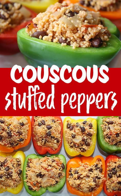 Vegan Couscous Recipes, Stuffed Peppers Vegan, Couscous Stuffed Peppers, Vegan Couscous, Vegan Shredded Cheese, Low Carb Paleo Recipes, Vegetarian Stuffed Peppers, Easy Stuffed Peppers, Low Cholesterol Recipes