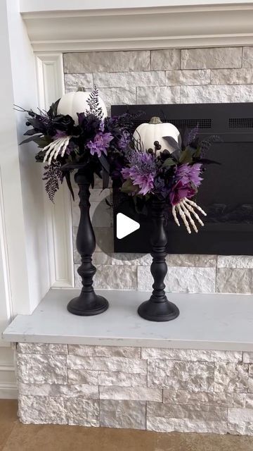 Laura Jeanne on Instagram: "One of my favorite Halloween DIY’s from last year. 🎃☠️. Pumpkins and Flowers are from Michael’s Craft Store.  #halloweendecor #halloween2024 #spooky #spookyseason #spookyvibes #skeleton #foryouシ #fypviralシ" Fall Candlesticks, Pumpkins And Flowers, Fall Floral Centerpieces, Michaels Halloween, S Craft, Diy Halloween Wreath, Michaels Craft, Easy Halloween Decorations, Halloween Centerpiece