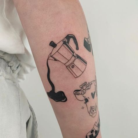 Espresso Maker Tattoo, Food Lover Tattoo, Percolator Tattoo, Coffee Related Tattoos, Moka Pot Tattoo, Coffee Pot Tattoo, French Press Tattoo, Mixology Tattoo, Barista Tattoo