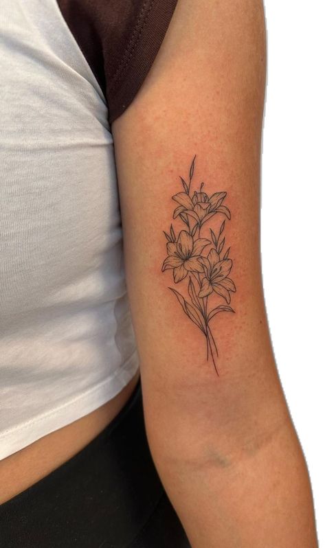 Flower Tattoo Behind Arm Above Elbow, Realistic Bouquet Tattoo, Flowers Tattoos For Women Arm, Small Flower Tattoo Cover Up, Tennessee Flower Tattoo, Tattoo Ideas Thigh Hip, Water Lily July Tattoo, Flower Tattoos Women Arm, Lilie Flower Tattoo Design