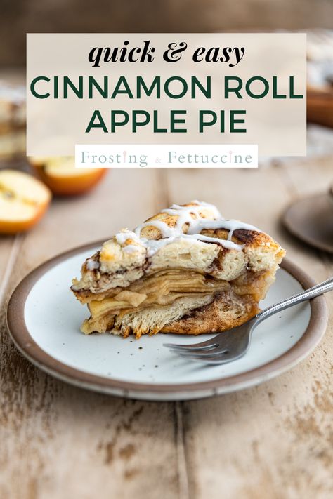 This easy apple pie recipe is made with pre made cinnamon rolls as the pie crusts. It is then filled with a juicy apple pie filling and baked until golden brown. Top this apple cinnamon roll pie with a sweet vanilla glaze for a delicious, warm, and comforting easy fall dessert. Cinnamon Roll Pie Crust, Cinnamon Roll Pie, Cinnamon Roll And Apple Pie Filling, Apple Pie With Pillsbury Cinnamon Roll Crust, Apple Pie Recipe Cinnamon Roll Crust, Apple Pie With Cinnamon Roll Crust, Cinammon Roll Apple Pie Filling, Cinnamon Roll Crust Apple Pie, Apple Pie Cinnamon Roll Crust