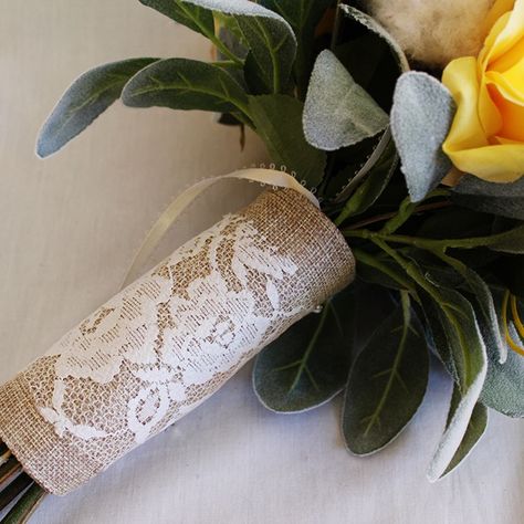 To take some of the guesswork out of your floral feats, we compiled 16 fun and personal ways to wrap your bouquet — and we've got both the DIY and the buy brides covered. Burlap Bouquet Wrap, Wedding Ring Wraps, Burlap Bouquet, Lace Bouquet, Bouquet Jewelry, Beautiful Bridal Bouquet, Rustic Wedding Reception, Bouquet Charms, Artificial Bouquet