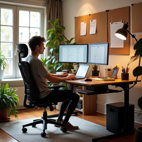 Empower Your Productivity: The Ergonomic Home Office Setup Guide Ergonomic Desk Setup, Efficient Home Office, Ergonomic Home Office, Productive Workspace, Work Vision Board, Adjustable Chair, Ergonomic Desk, Adjustable Chairs, Proper Posture