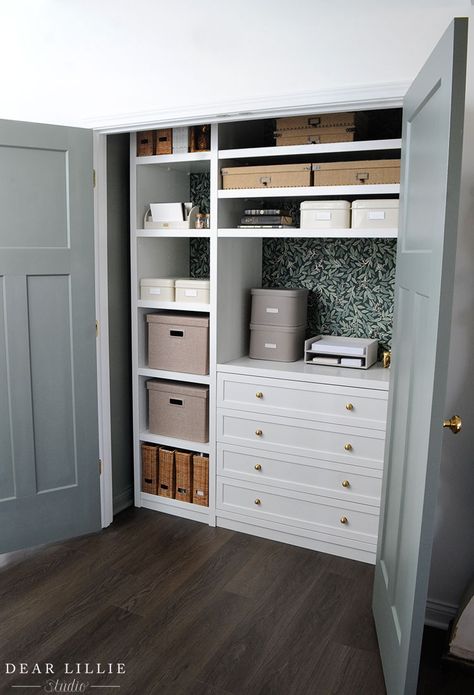 Entryway Closet with Storage Makeover - Dear Lillie Studio Small Storage Closet Makeover, Office Storage In Closet, Ikea Office Closet Organization, Closet Organization For Office, Office Organization Closet, Closet Storage For Office, Closet For Office Storage, Living Room Storage Closet, Art Closet Storage