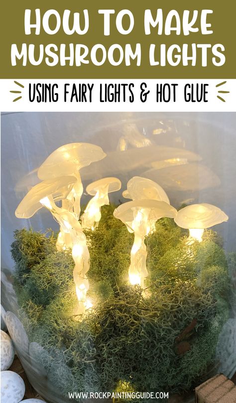 Enchanted Tea Party Ideas, Led Mushroom Lights Diy, Hot Glue Fairy Lights, Diy Mushroom Lights Fairies Garden, Diy Mushroom Fairy Lights, Hot Glue Mushrooms Fairy Lights, Fairy Lights Diy Ideas, Magical Forest Decorations Diy, Diy Enchanted Forest Decorations