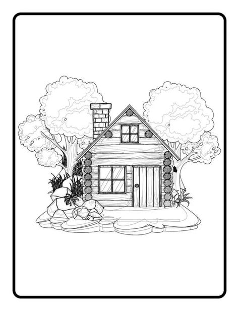 Illustration of a common designed log house. House Coloring Pages, Tree House Plans, Gardens Coloring Book, Adult Coloring Books Printables, Small Wooden House, House Colouring Pages, Log House, Single Tree, Black And White Landscape